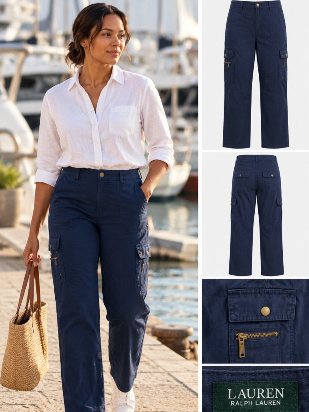 LAUREN Ralph Lauren Women's Size 16 Navy Cotton Multi-Pocket Cargo Pants
